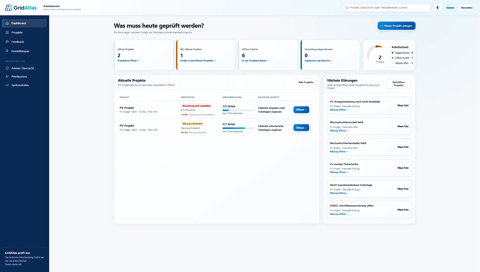 GridAtlas Dashboard mit offenen Projekten, Prüfpunkten und nächsten Klärungen.